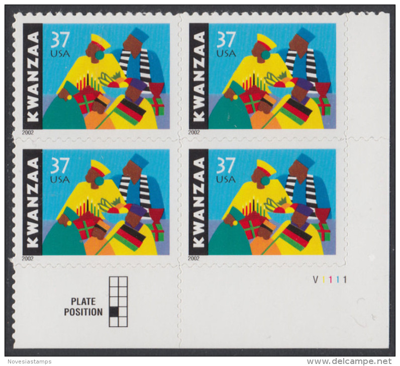 !a! USA Sc# 3673 MNH PLATEBLOCK (LR/V1111) - Kwanzaa - Unused Stamps