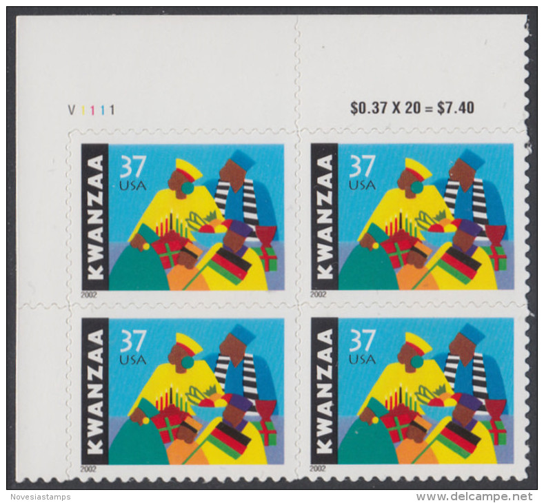 !a! USA Sc# 3673 MNH PLATEBLOCK (UL/V1111) - Kwanzaa - Unused Stamps