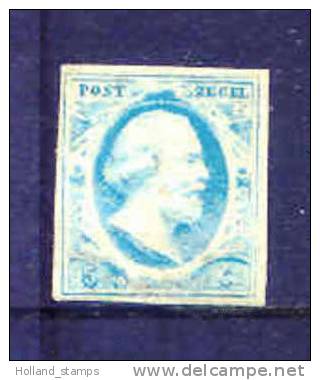 1852 Koning Willem III 5 Cent BLAUW NVPH 1 * Periode 1852 Nederland Nr. 1 ONGEBRUIKT *  Inutilisé * - Unused Stamps