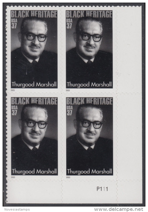 !a! USA Sc# 3746 MNH PLATEBLOCK (LR/P111) - Thurgood Marshall - Ungebraucht