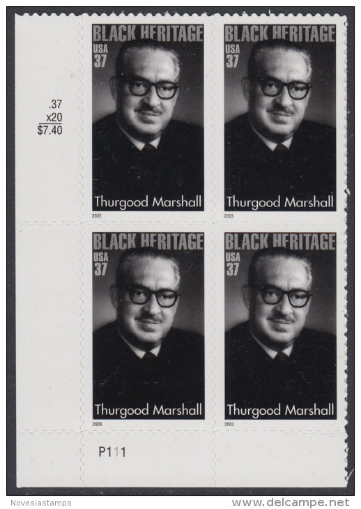 !a! USA Sc# 3746 MNH PLATEBLOCK (LL/P111) - Thurgood Marshall - Unused Stamps