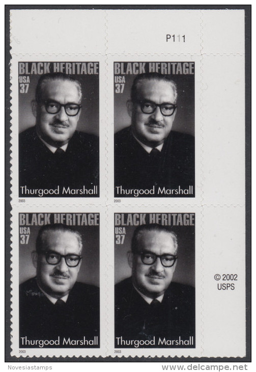 !a! USA Sc# 3746 MNH PLATEBLOCK (UR/P111) - Thurgood Marshall - Nuevos