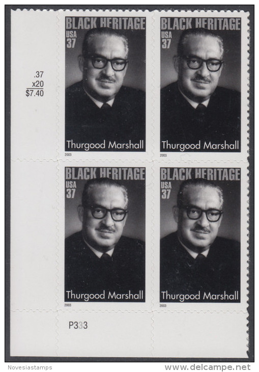 !a! USA Sc# 3746 MNH PLATEBLOCK (LL/P333) - Thurgood Marshall - Unused Stamps