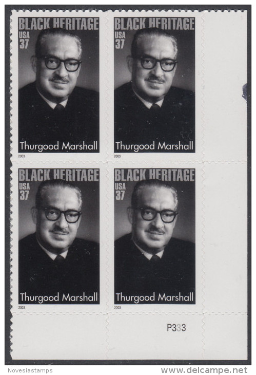 !a! USA Sc# 3746 MNH PLATEBLOCK (LR/P333) - Thurgood Marshall - Ungebraucht
