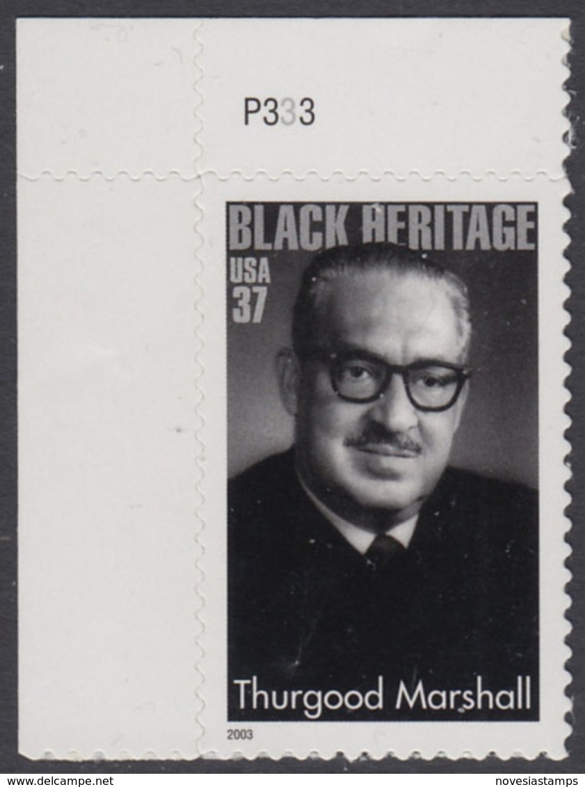 !a! USA Sc# 3746 MNH SINGLE From Upper Left Corner W/ Plate-# (UL/P333) W/ Crease - Thurgood Marshall - Nuevos