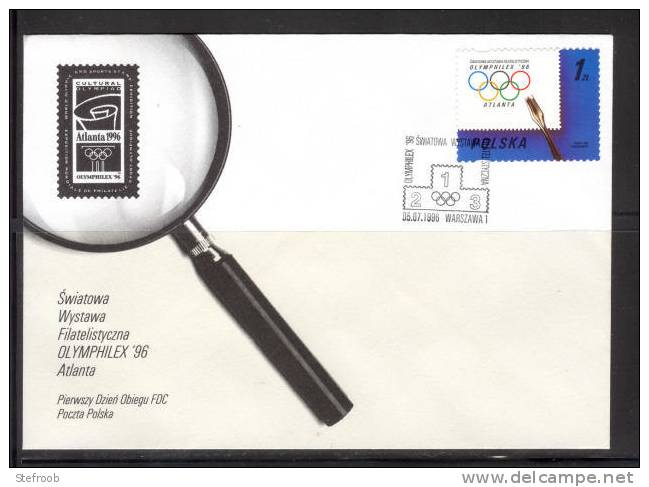 FDC Polen : Olympische Spelen Atlanta 1996- Olymphilex'96- Olympische Ringen - Mooie Afstempeling Warszawa - Estate 1996: Atlanta