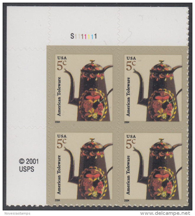 !a! USA Sc# 3756 MNH PLATEBLOCK (UL/S1111111/a) - American Toleware - Unused Stamps