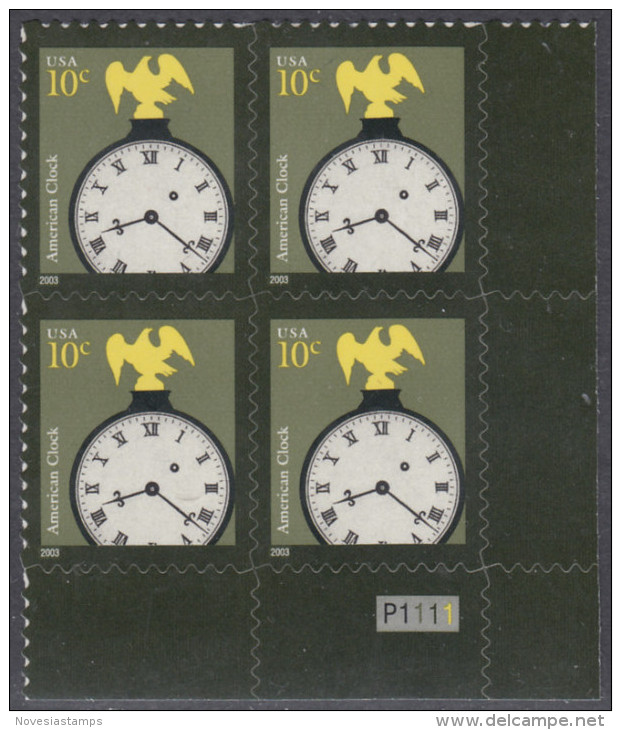 !a! USA Sc# 3757 MNH PLATEBLOCK (LR/P1111/a) - American Clock - Unused Stamps