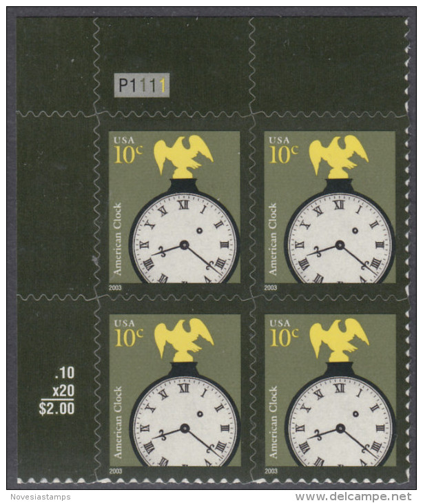 !a! USA Sc# 3757 MNH PLATEBLOCK (UL/P1111/a) - American Clock - Unused Stamps