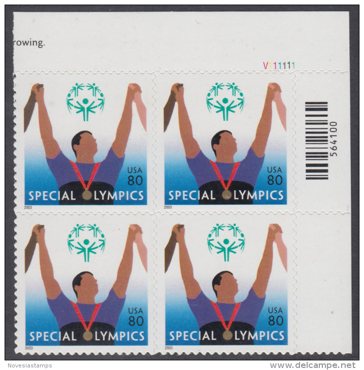 !a! USA Sc# 3771 MNH PLATEBLOCK (UR/V111111) - Special Olympics - Neufs