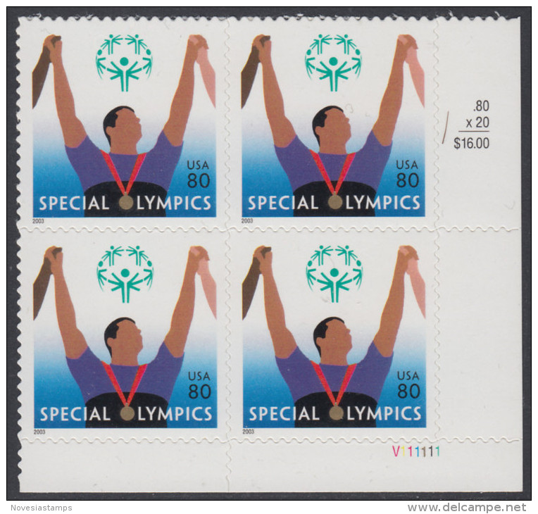 !a! USA Sc# 3771 MNH PLATEBLOCK (LR/V111111) - Special Olympics - Ungebraucht