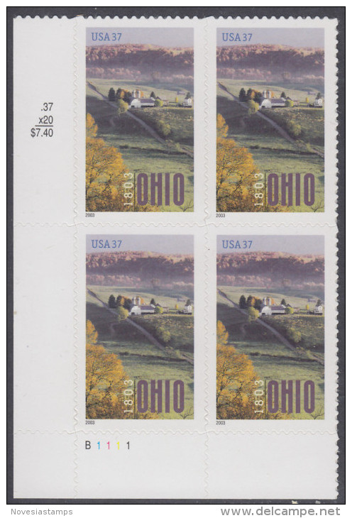 !a! USA Sc# 3773 MNH PLATEBLOCK (LL/B1111/a) - Ohio Statehood - Neufs