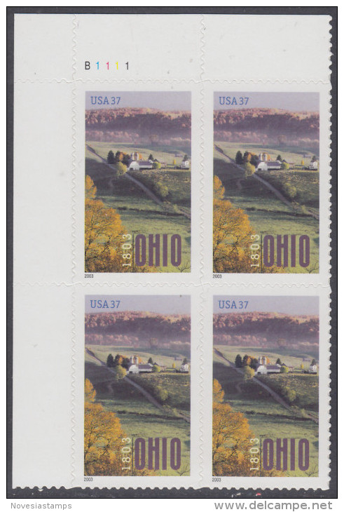 !a! USA Sc# 3773 MNH PLATEBLOCK (UL/B1111/a) - Ohio Statehood - Ungebraucht