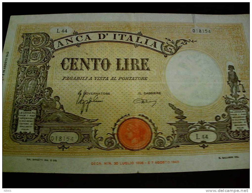 REGNO D´ ITALIA -  BANCA D´ ITALIA - VITTORIO EMANUELE III BANCONOTA DA LIRE 100 - 100 Lire