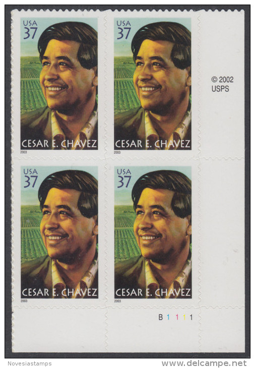 !a! USA Sc# 3781 MNH PLATEBLOCK (LR/B1111) - Cesar E. Chavez - Neufs