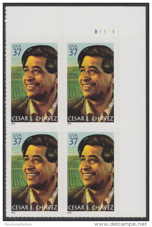 !a! USA Sc# 3781 MNH PLATEBLOCK (UR/B1111/a) - Cesar E. Chavez - Neufs