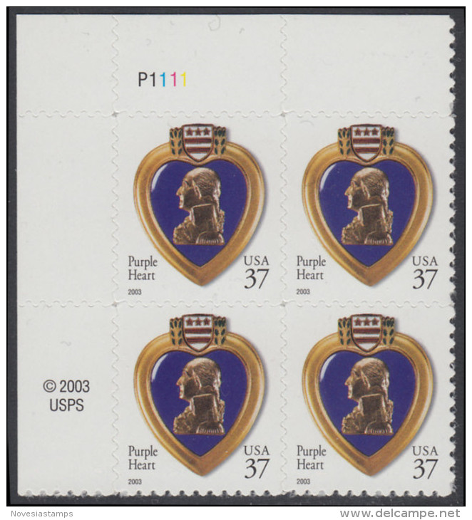 !a! USA Sc# 3784 MNH PLATEBLOCK (UL/P1111) - Purple Heart - Ungebraucht