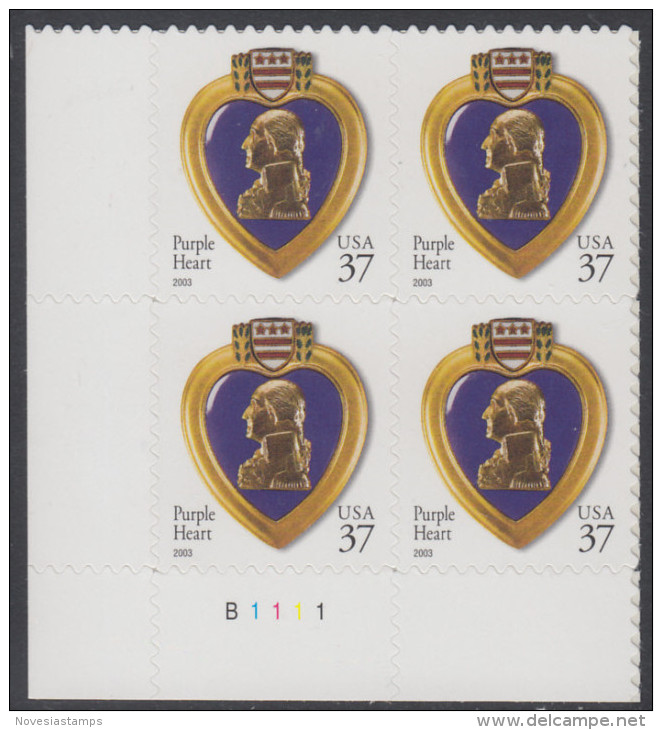 !a! USA Sc# 3784 MNH PLATEBLOCK (LL/B1111) - Purple Heart - Ungebraucht