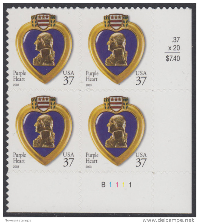 !a! USA Sc# 3784 MNH PLATEBLOCK (LR/B1111) - Purple Heart - Ungebraucht