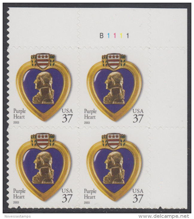 !a! USA Sc# 3784 MNH PLATEBLOCK (UR/B1111) - Purple Heart - Neufs