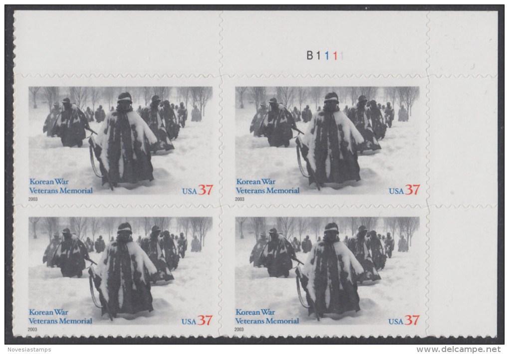 !a! USA Sc# 3803 MNH PLATEBLOCK (UR/B1111/a) - Korean War Veteran Memorial - Unused Stamps
