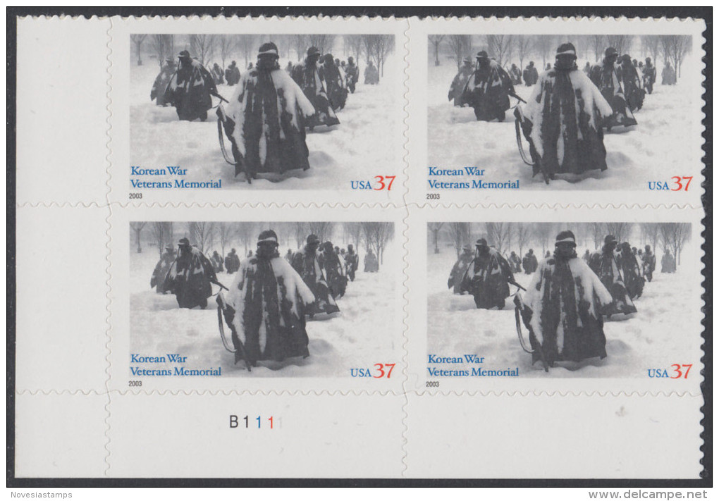 !a! USA Sc# 3803 MNH PLATEBLOCK (LL/B1111/a) - Korean War Veteran Memorial - Nuevos