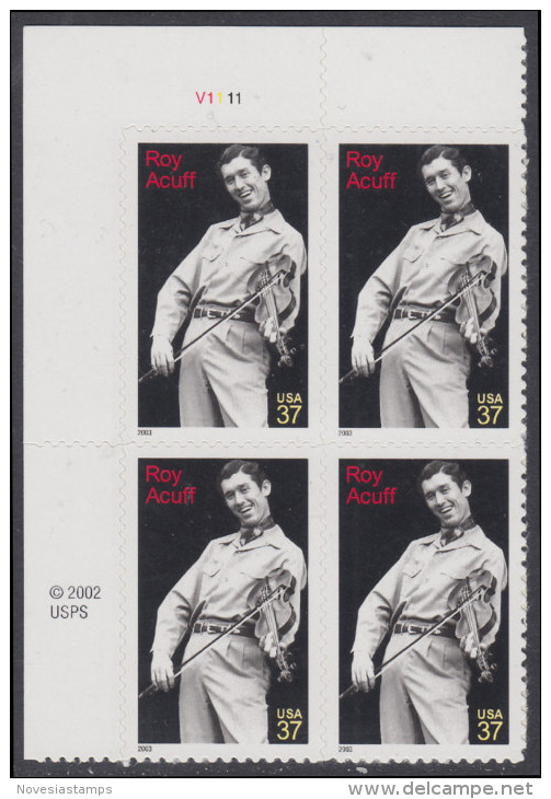 !a! USA Sc# 3812 MNH PLATEBLOCK (UL/V1111) - Roy Acuff - Ungebraucht