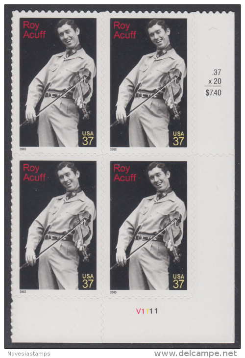 !a! USA Sc# 3812 MNH PLATEBLOCK (LR/V1111) - Roy Acuff - Neufs