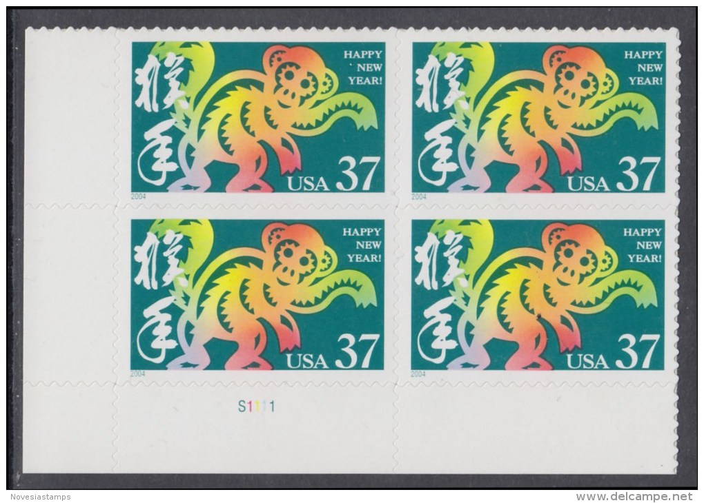 !a! USA Sc# 3832 MNH PLATEBLOCK (LL/S1111) - Year Of The Monkey - Neufs