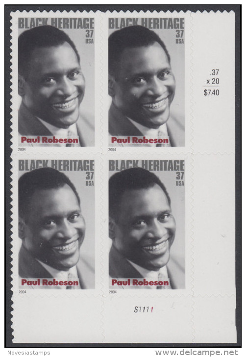 !a! USA Sc# 3834 MNH PLATEBLOCK (LR/S1111) - Paul Robeson - Neufs