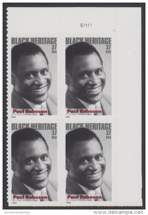 !a! USA Sc# 3834 MNH PLATEBLOCK (UR/S1111) - Paul Robeson - Neufs