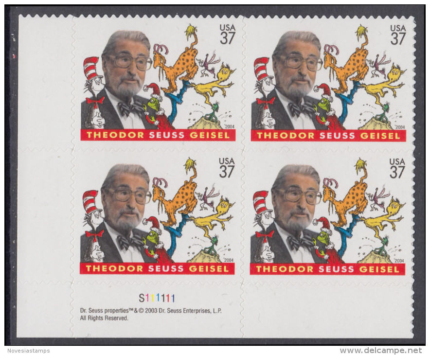 !a! USA Sc# 3835 MNH PLATEBLOCK (LL/S111111/a) - Dr. Seuss - Neufs