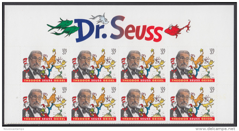 !a! USA Sc# 3835 MNH BLOCK(8) W/ Top-Label - Dr. Seuss - Neufs