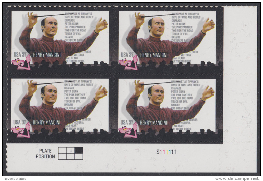 !a! USA Sc# 3839 MNH PLATEBLOCK (LR/S111111/a) - Henry Mancini - Neufs