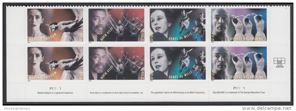 !a! USA Sc# 3840-3843 MNH PLATEBLOCK(8) (LL/P111111/a) - American Choreographers - Nuevos