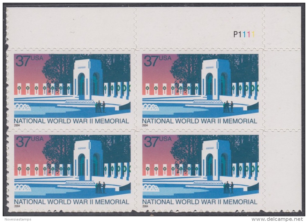 !a! USA Sc# 3862 MNH PLATEBLOCK (UR/P1111) - National World War II Memorial - Neufs