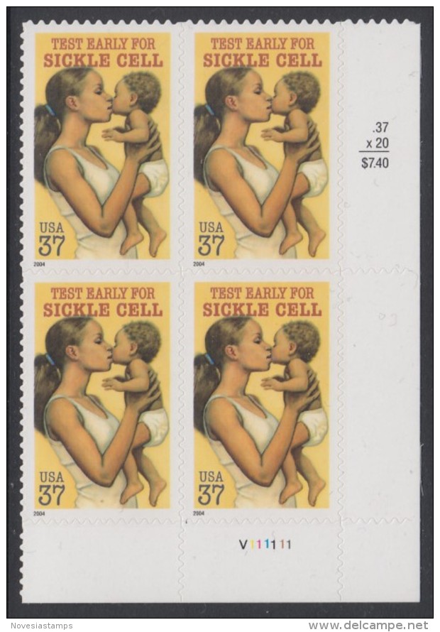 !a! USA Sc# 3877 MNH PLATEBLOCK (LR/V111111) - Sickle Cell Anemia - Nuevos