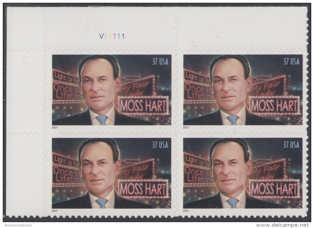 !a! USA Sc# 3882 MNH PLATEBLOCK (UL/V11111) - Moss Hart - Nuevos