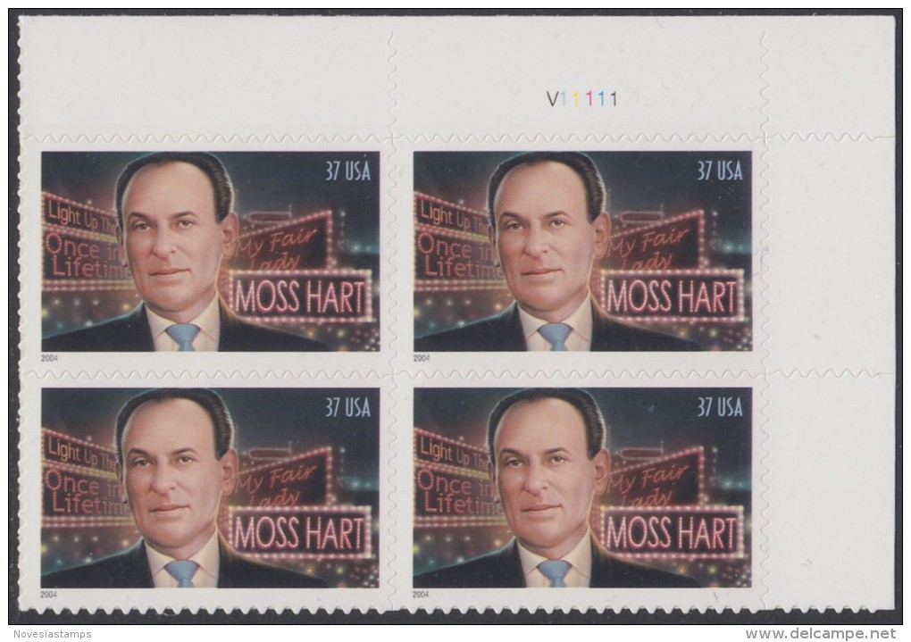 !a! USA Sc# 3882 MNH PLATEBLOCK (UR/V11111) - Moss Hart - Unused Stamps