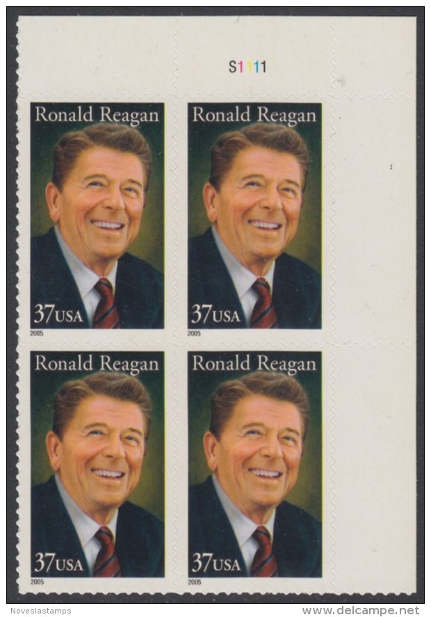 !a! USA Sc# 3897 MNH PLATEBLOCK (UR/S1111) - Ronald Reagan - Neufs