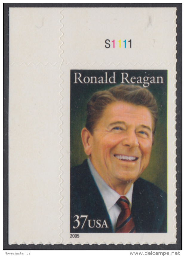 !a! USA Sc# 3897 MNH SINGLE From Upper Left Corner W/ Plate-# (UL/S1111) - Ronald Reagan - Nuevos