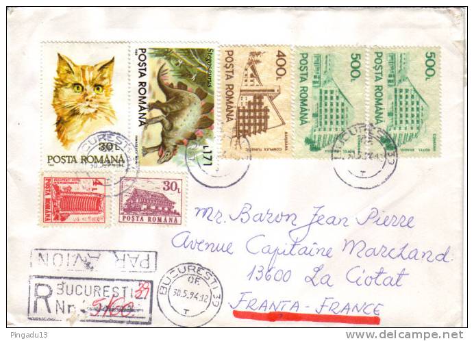 Recommandée Bucarest Pour France Chat Dinosaure 30 Mai 1994 - Storia Postale