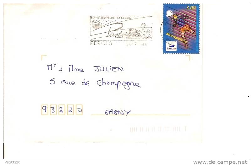 FLAMME / FLAMAND : PEROLS  (34) 25.07.1996/enveloppe Entière /Entre Montpellier Et La Mer (concordance Du Timbre) - Flamencos