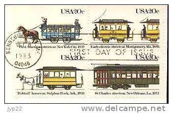 Jolie FDC 1er Jour Kennebun ...?  Tp Obl CAD 8 Oct 1983 American Streetcars Bloc 4 Tp Diligence Tramway Train Locomotive - Tramways