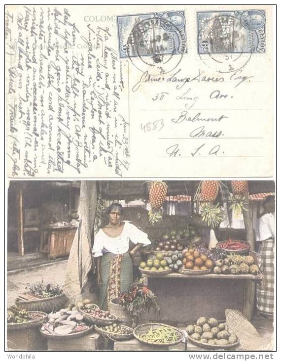 Ceylon-USA "VB" Perfin / Perfore / Gelocht, Perforated Initials, Stamps On Colorful Postcard 1937 - Perfins