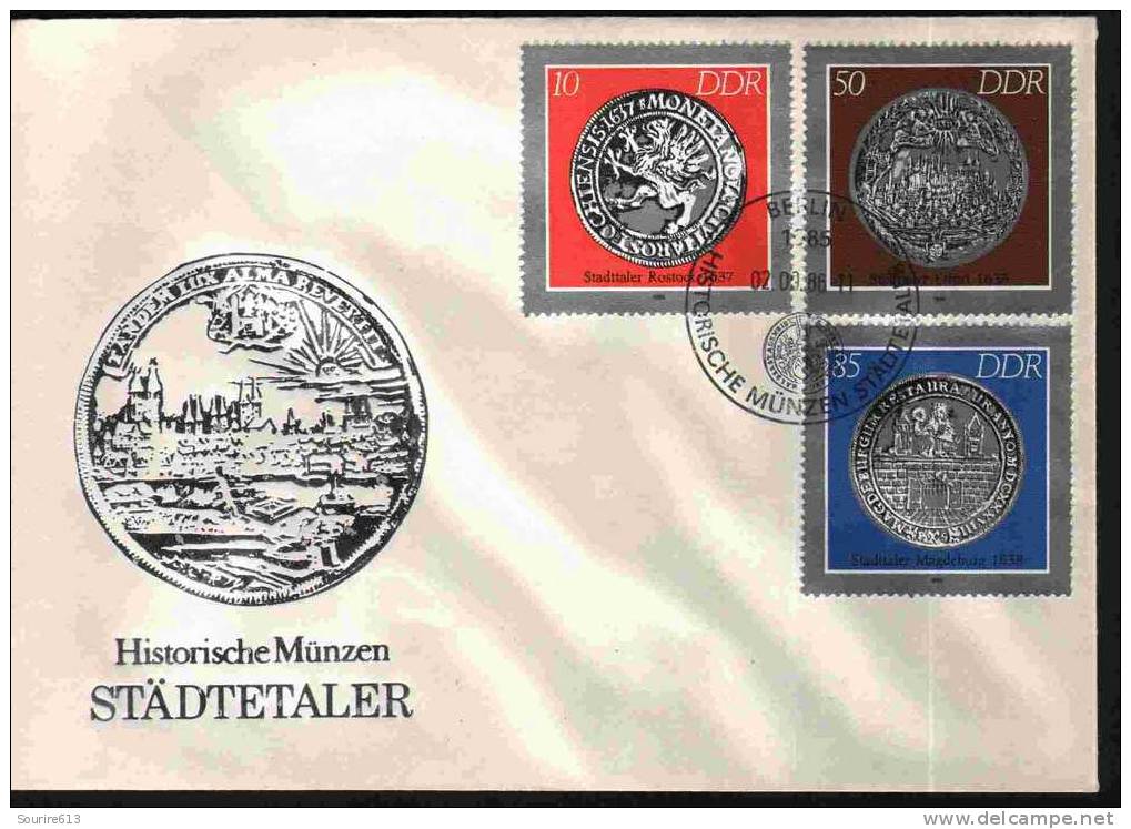 Fdc DDR 1986 Monnaies De Villes Rostock 1637 & Erfurt 1633 & Magdeburg 1638 - Monnaies