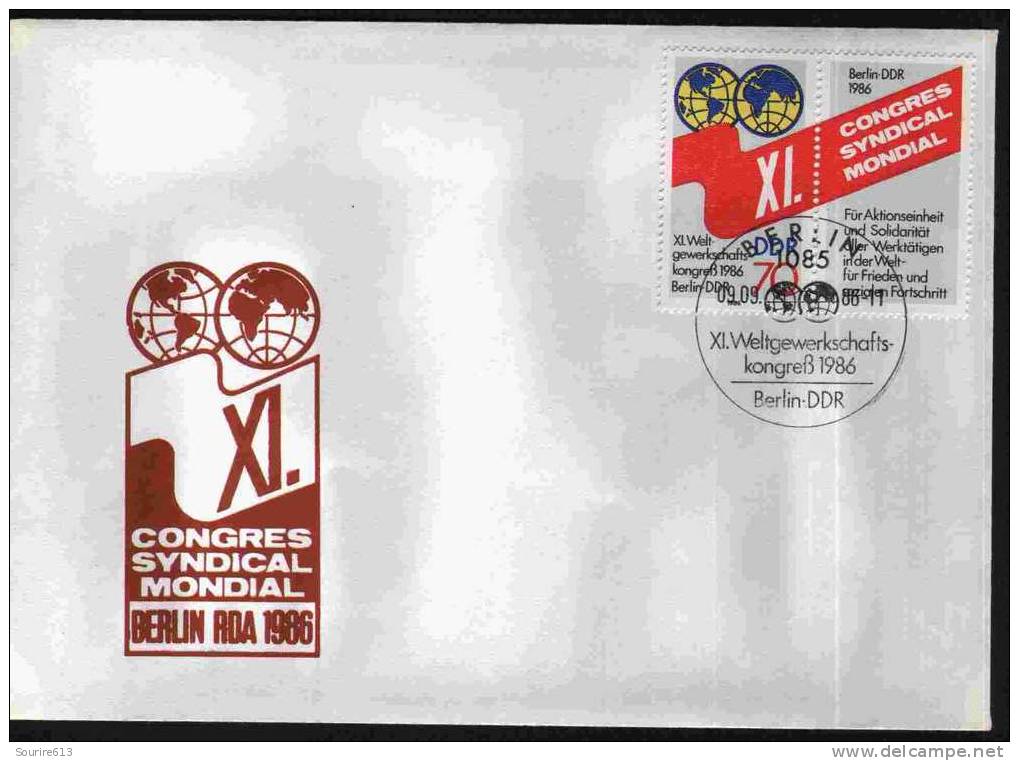 Fdc DDR 1986 Métiers Syndicats Congrès Mondial Globe & Vignette - Sonstige & Ohne Zuordnung