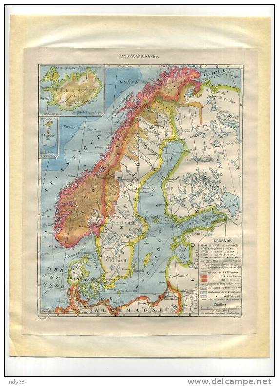 - PAYS SCANDINAVES . CARTE DE LA FIN DU XIXe S. DEBUT XXe . DECOUPEE ET COLLEE SUR PAPIER - Cartes Géographiques