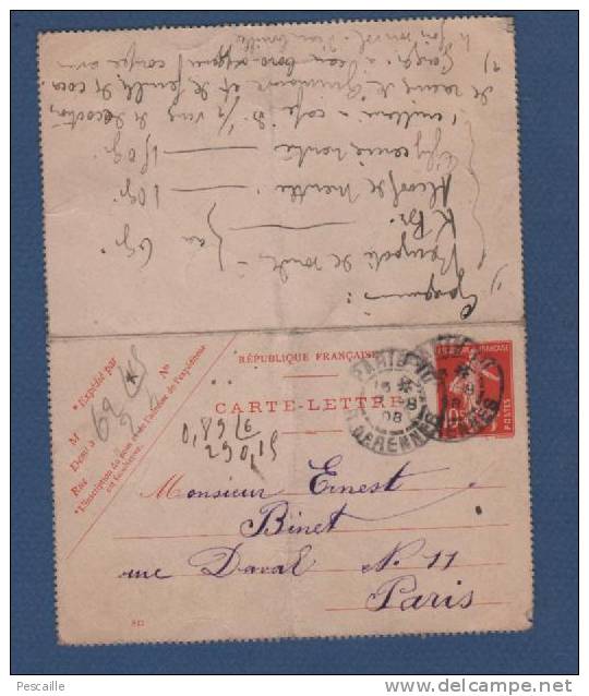 CARTE LETTRE PARIS RUE DE RENNES 1908 - SEMEUSE MOUCHON 10 C - Kartenbriefe