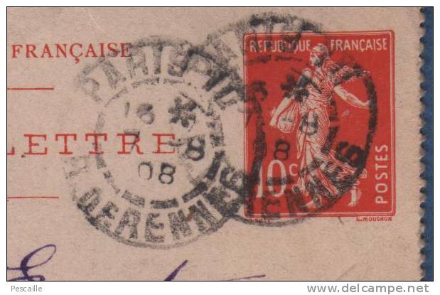 CARTE LETTRE PARIS RUE DE RENNES 1908 - SEMEUSE MOUCHON 10 C - Kartenbriefe